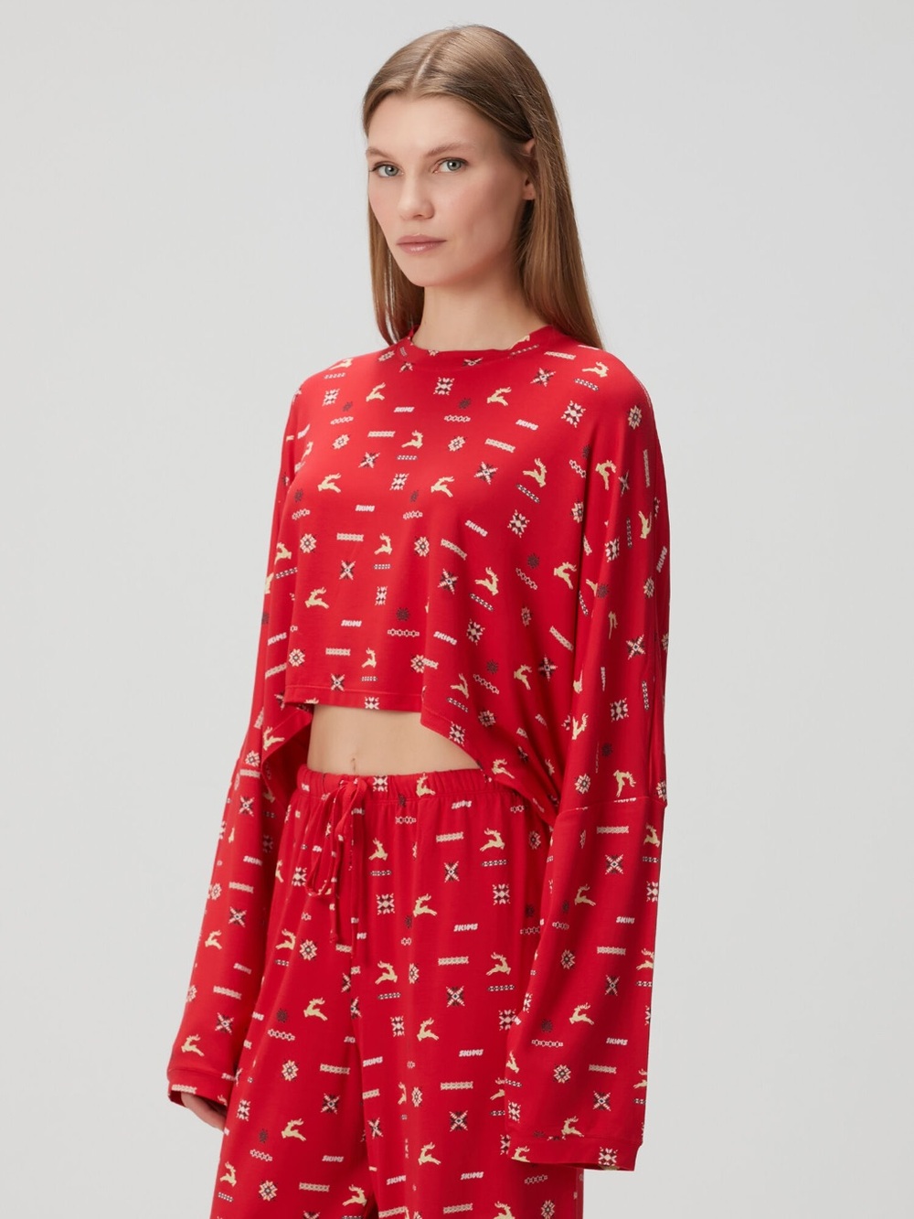 23. Skims • NWT Red Printed Crop Long Sleeve PJ Top PTP 35”